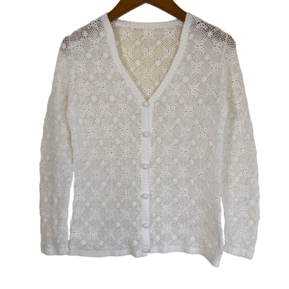 Vintage 90s Fairycore Cottagecore Crochet Cardigan Button-front White XS/S